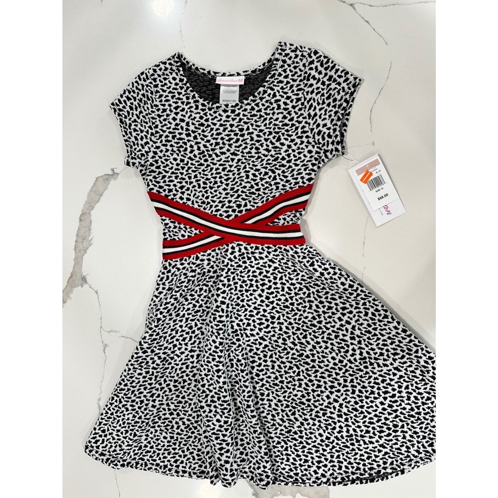 Bonnie Jean Girls Black White Animal Print Dress Red Striped Waist Size 12